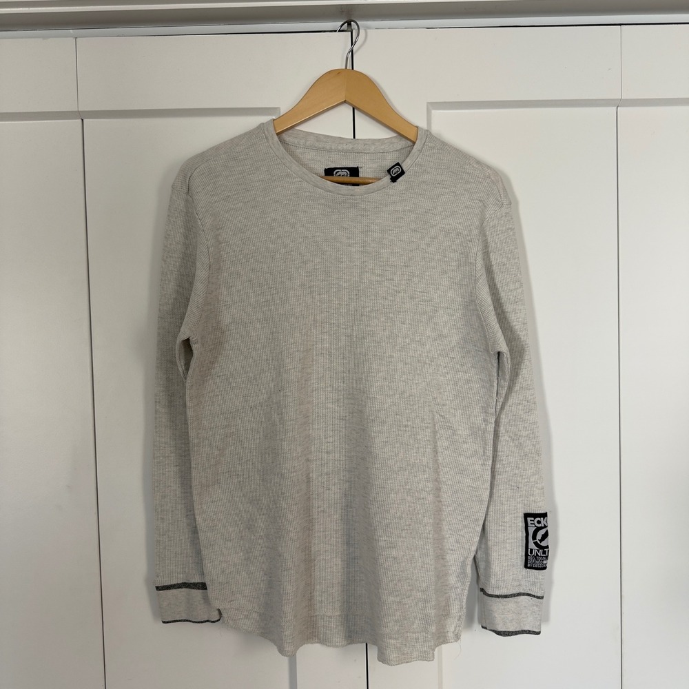 Mens Large Ecko Unltd Thermal Shirt Grey Waffle Knit Long Sleeve Rhino Logo